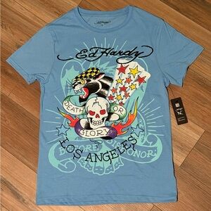 Ed Hardy Blue and Black Short Sleeve Tee with Skull Design